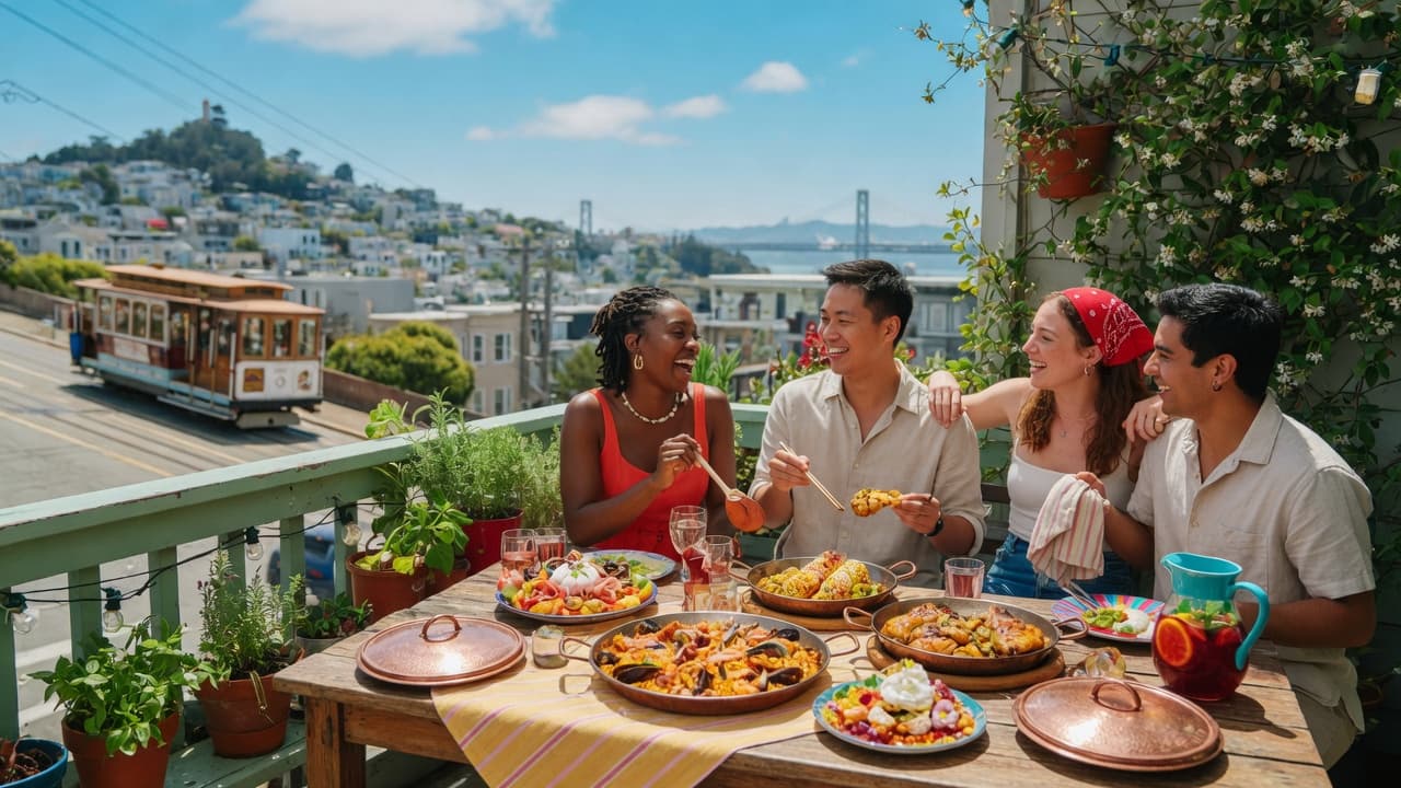 Friends cooking and sharing an animal-based meal on a sunny balcony